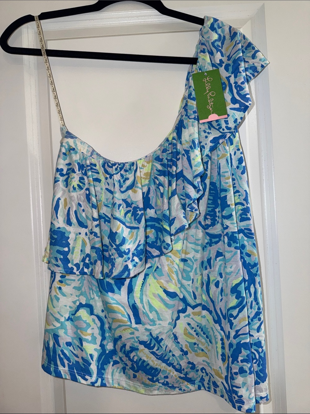 Lilly Pulitzer Womens One Shoulder Matteo Top in Salty Seas pattern